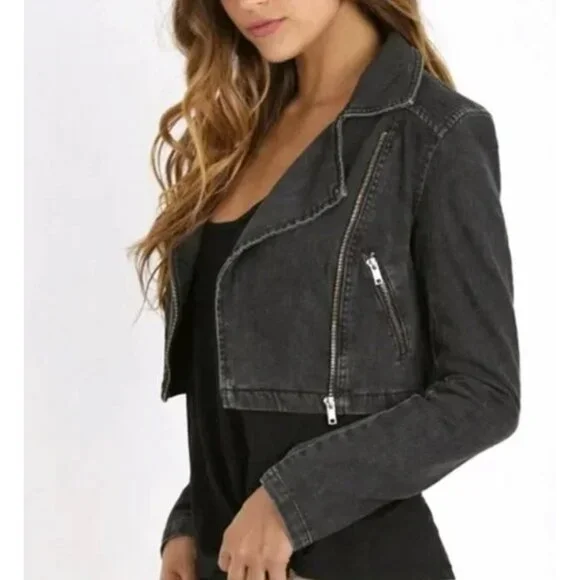Free People James Dean Cropped Moto Denim Jacket - Washed Black - Size M - NWT - Picture 2 of 13